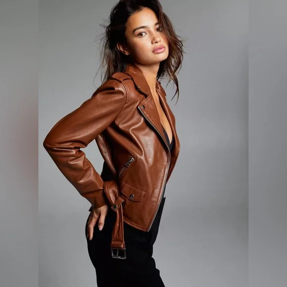 Aritzia Wilfred Free The iconic Lennon Brown new Moto Biker Leather Jacket Sz S - Picture 6 of 17